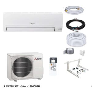 Mitsubishi 5kW split airco met binnen- en buitenunit, 7m installatieset en gratis WiFi-module, geschikt voor ruimtes tot 150m³, energielabel A++/A+