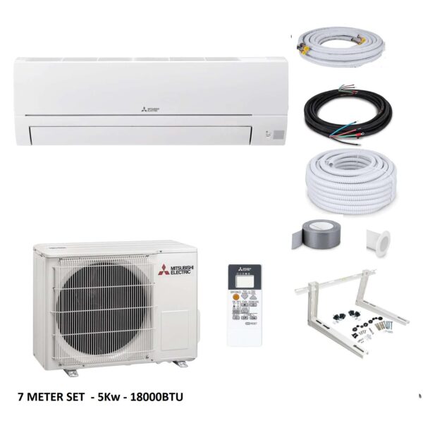 Mitsubishi 5kW split airco met binnen- en buitenunit, 7m installatieset en gratis WiFi-module, geschikt voor ruimtes tot 150m³, energielabel A++/A+