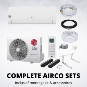 Complete LG airco set met binnen- en buitenunit, afstandsbediening, montagekit en accessoires voor installatie.