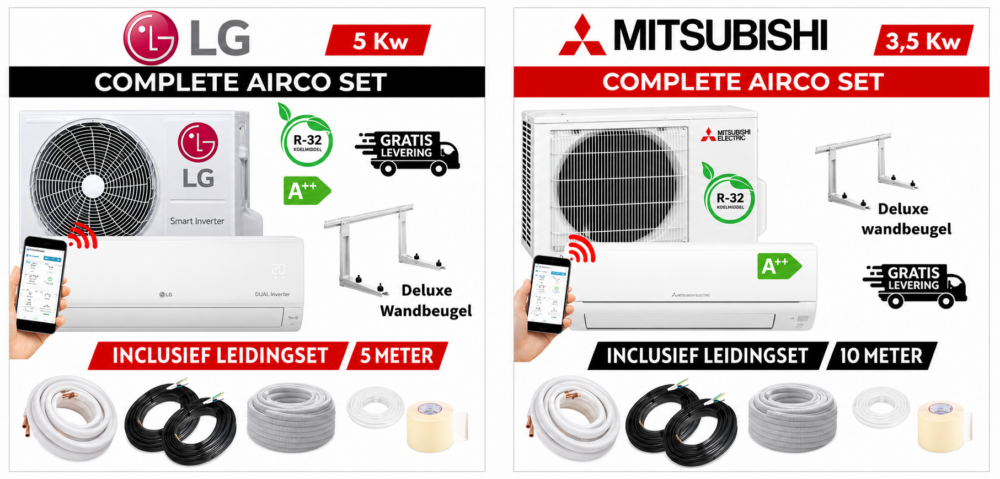 Airco kopen België: LG 5kW & Mitsubishi 3.5kW complete airco sets met gratis levering en deluxe wandbeugel.
