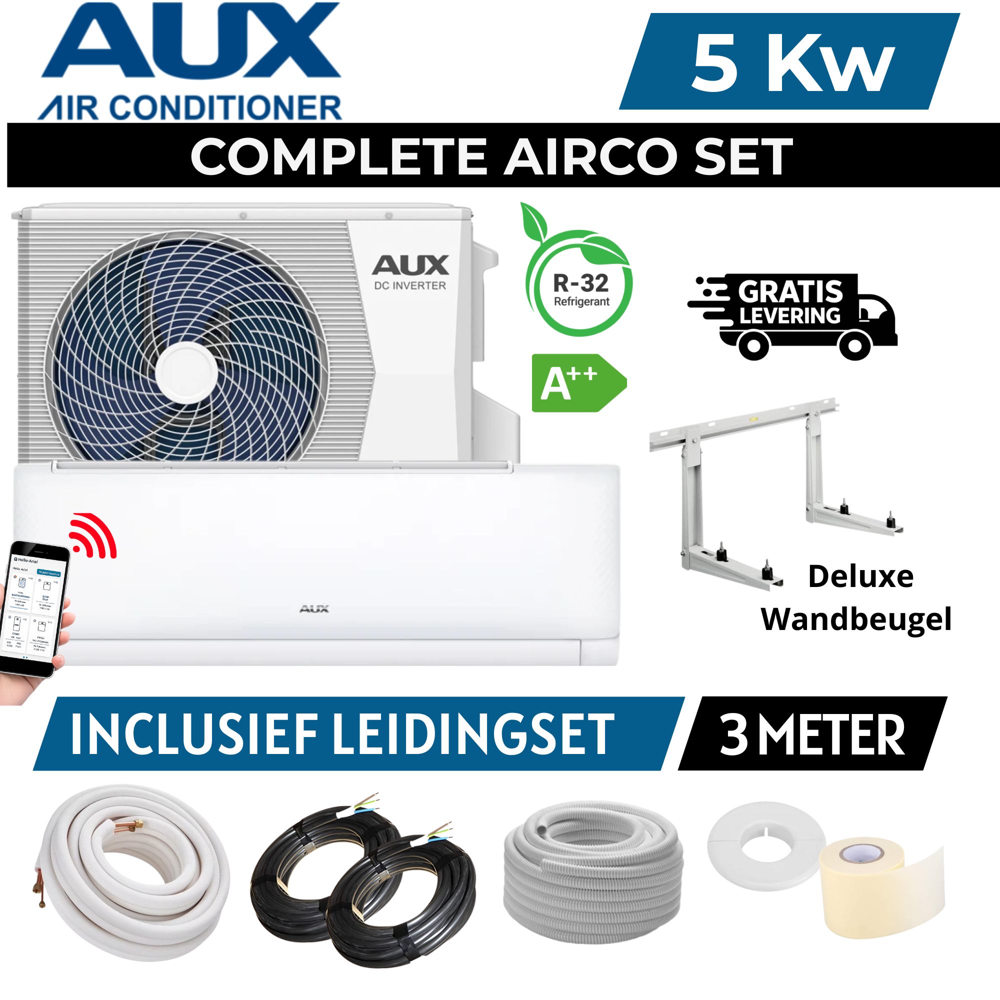 aux-airco-5kw-3-meter-wandbeugel-complete-split-airco-set-wifi airco prijs